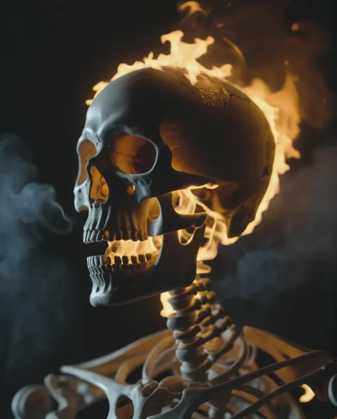 a skeleton with a burning head and a cigarette in its mouth