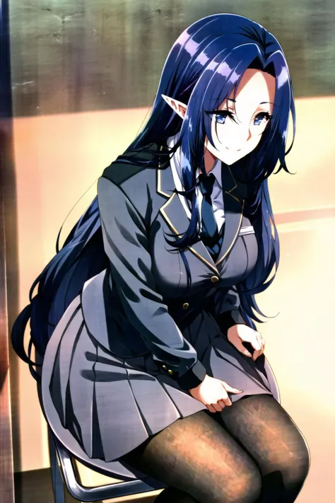 solo, 1girl, elf, very long hair, dark blue hair, dark blue eyes, pointy ears, large breasts, alternate costume, school uniform, black jacket, white collared dress shirt, (black necktie), (grey pleated skirt), black pantyhose, smile, looking away, sitting,...