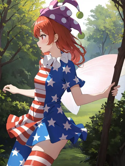 masterpiece, best quality, perfect lighting, 1girl, solo, from side, running, looking away, surprised, forest background, clownpiece, jester cap, polka dot, american flag dress, neck ruff, short sleeves, american flag legwear, thighhighs, fairy wings, star...