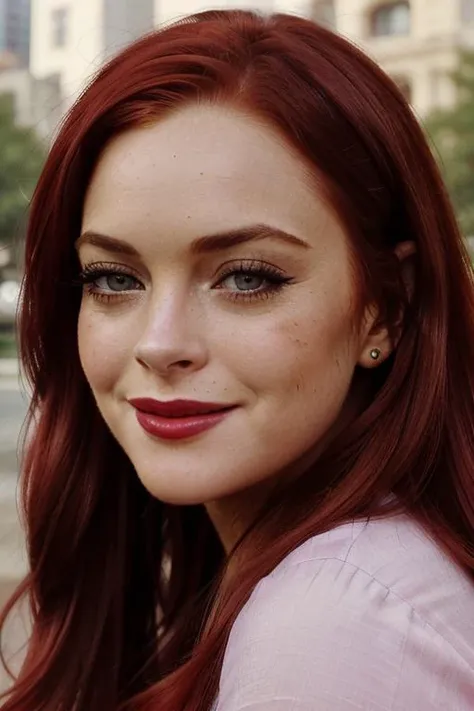 , photo of a woman, , ((outdoors, city)),smiling, (red lipstick, blush), ((best quality, masterpiece, extreme details, high resolution):1.2),((detailed eyes, beautiful eyes, detailed face, beautiful face):1.2) <lora:lindsaylohan-05:0.5>,lindsaylohan, ((dar...