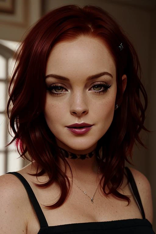 <lora:lindsaylohan-v1:0.5>, lindsaylohan, (perfect hair), ((dark red hair)),(petite), , photo of a woman, (smug, horny), ((dark red hair):1.1), ((short hair, pixie cut)), masterpiece, best quality, 1girl, solo,((pale skin)), ((dark lipstick, heavy eyeliner...