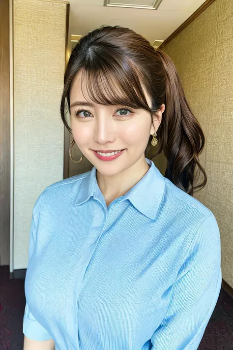 a close up of a woman in a blue shirt posing for a picture