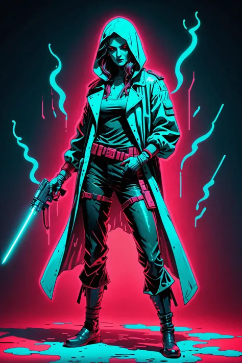 retro ink, masterpiece, professional artwork, famous artwork, cinematic lighting, cinematic bloom, fantasy class, ((portrait of a rogue)), neon red and cyan, full body, simple background <lora:Fantasy_ClassesXL:0.8> <lora:Retro_Ink_SDXL:.5>