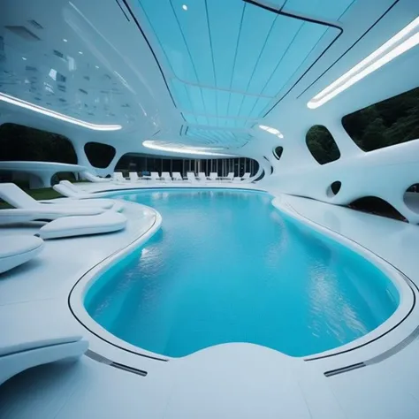 <lyco:bionic style interior design:1.0> white futuristic bionic swimming pool