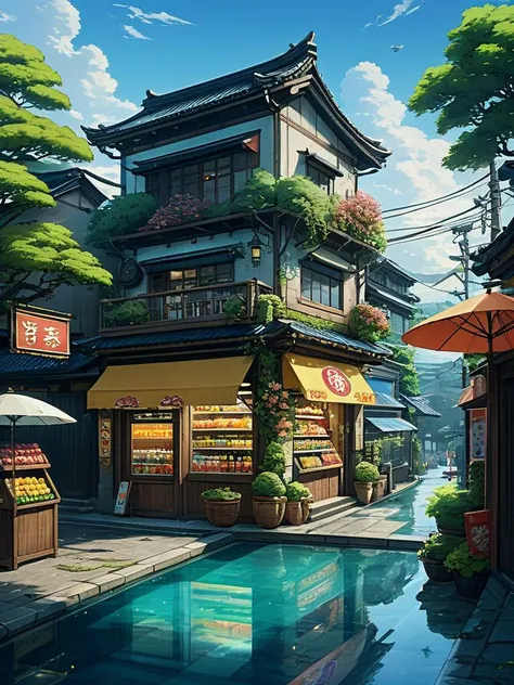 (Masterpiece),(Best Quality),highres,Beverage advertising, featuring a store, grocery store, unique yokai illustrations, flowers, vines, lemons, water, swimming pool, swimming circle, sunshade umbrella, detailed character design, cute cats, double story bu...