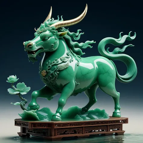 qilin Jade,stone,photorealistic,3D,2.5D,sit,standing,Sit sideways,standing sideways,Stand on both feet sideways,stand on water,Facing the screen,Side to the screen,Two horned,one horned,falling petals,stand on cloud,back to the screen,holding,