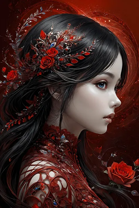 a woman with long black hair and red flowers in her hair