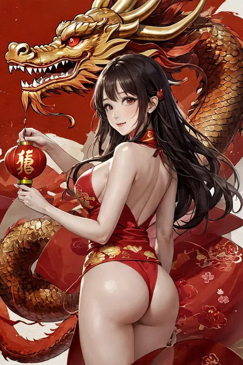 masterpiece, best quality, 1girl,  <lora:kwFemale_Beta40-SDXL_v1:1>, red, valentine, love, red, chinese dragon, new year, cracker, bomb, red banner, red fan, red lantern, red packet, cleavage, waifu