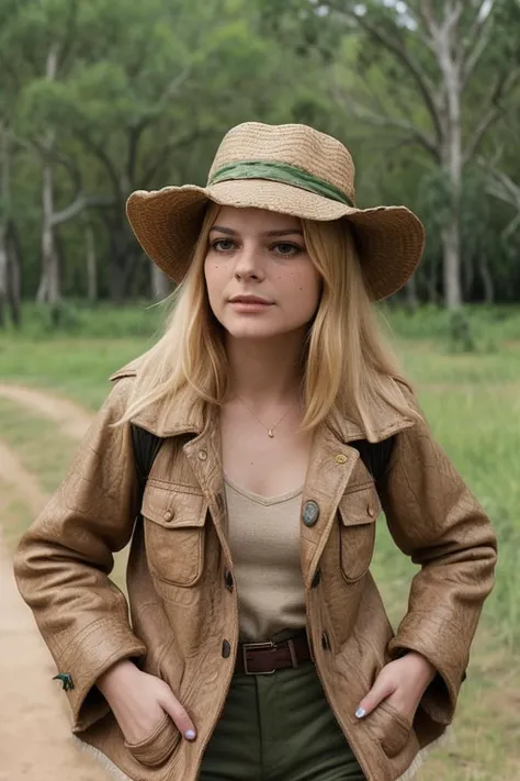 candid photograph of FraGa1TTXV1A a petite attractive woman as a Kakadu adventure tour guide,ranger uniform,alligator skin jacket,((skinny)),alligator skin hat,crocodile dundee cosplay