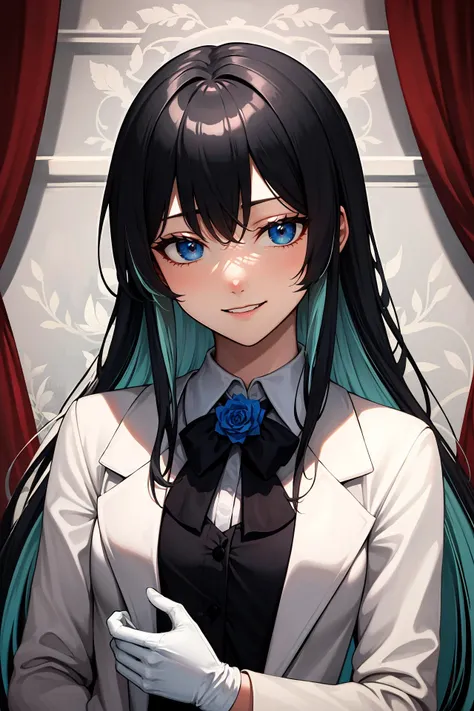 (masterpiece, best quality:1.2), intricate details, <lyco:GoodHands-beta2:1>,  <lora:ado-000010:1>, ado, 1girl, multicolored hair, long hair, collared shirt, jacket, light smile, bangs, gloves, long sleeves, blue flower, (mature female:1.2)