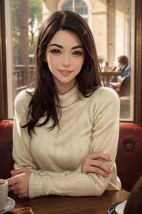 a woman sitting at a table with a cup of coffee