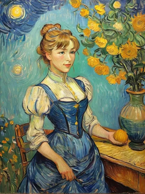 painting of a woman in a blue dress with a vase of flowers