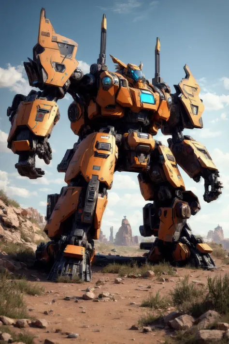 a large robot standing on top of a dirt field next to a rock