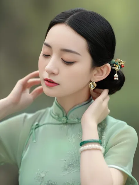 <lora:æè¢-000008:0.8>qipao, china dress, 1girl, solo, jewelry, closed eyes, black hair, bracelet, earrings, realistic, hair ornament, parted lips, upper body, short sleeves, lips, blurry background, blurry, hair bun, 8k,Highly detailed,Digital photograp...