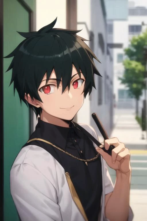 masterpiece, best quality, high quality, 1boy, solo, male focus, looking at viewer, upper body, <lora:sadao_maou:0.84>, sadao_maou, black hair, red eyes, , , smile