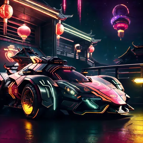 a futuristic car with neon lights in front of a building