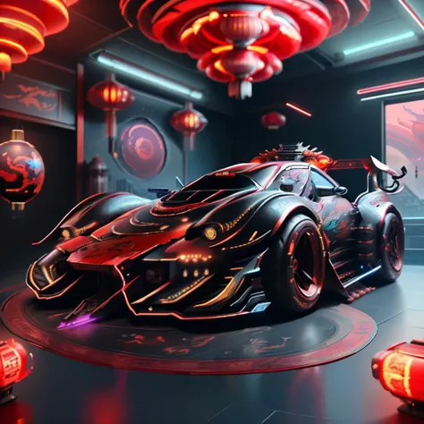 a car in a futuristic room with red lights and lanterns