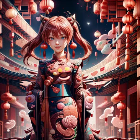 LunarValentineStyle, LunarChibiDragon,ValentineNatureStyle ,masterpiece,absurd resolution,(Best quality:1.2), highres, (scenary:1.2), Dynamic light, wings, scales, (Asuka Langley),nice detailed face,hands down, red chinese traditional maid uniform,wearing ...