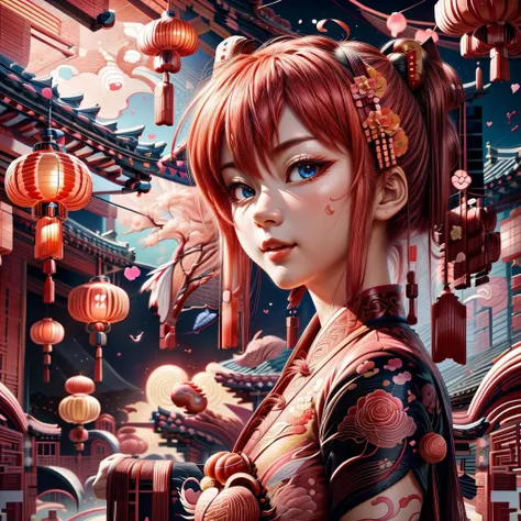 LunarValentineStyle, LunarChibiDragon,ValentineNatureStyle ,masterpiece,absurd resolution,(Best quality:1.2), highres, (scenary:1.2), Dynamic light, wings, scales, (Asuka Langley),nice detailed face,hands down, red chinese traditional maid uniform,wearing ...