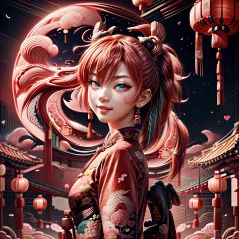 LunarValentineStyle, LunarChibiDragon,ValentineNatureStyle ,masterpiece,absurd resolution,(Best quality:1.2), highres, (scenary:1.2), Dynamic light, wings, scales, (Asuka Langley),nice detailed face,hands down, red chinese traditional maid uniform,wearing ...