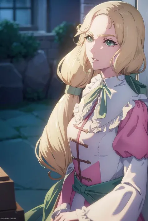 castlevaniamaria, <lyco:castlevaniamaria-lyco-nochekaiser:1>,
castlevaniamaria, long hair, blonde hair, (green eyes:1.5), hair bow, bow, green bow, low ponytail,
BREAK long sleeves, dress, puffy sleeves, pink dress, sash, green sash, collar, white collar,
...