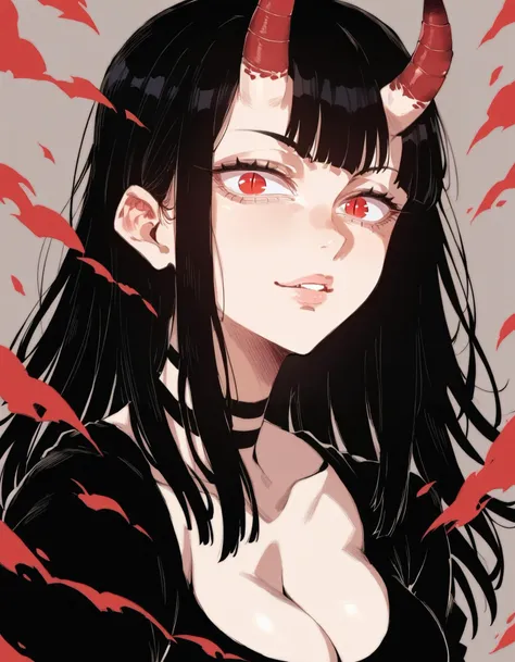 a woman with horns and red eyes is staring at the camera