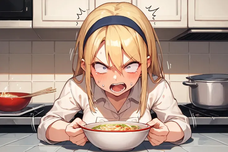 1girl, blonde hair, hairband, angry, open mouth, screaming, sound effects, throwing object, throwing bowl, noodles, kitchen, che...