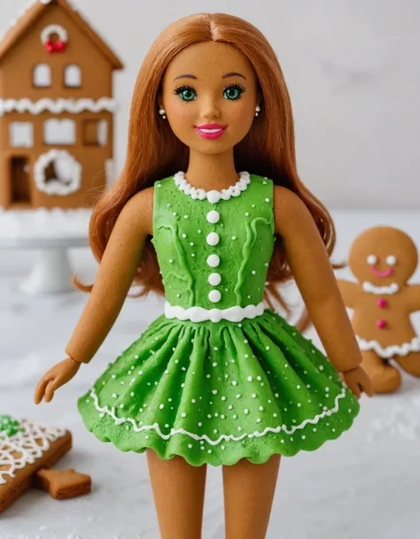 gingerbread barbie, green icing dress