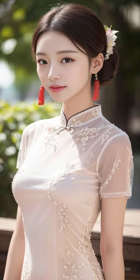 a woman in a white dress with a red flower in her hair