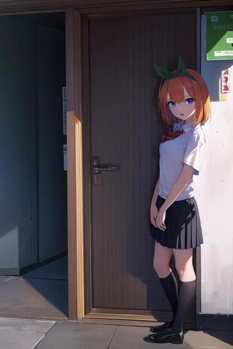 anime girl in a short skirt and a white shirt standing in front of a door