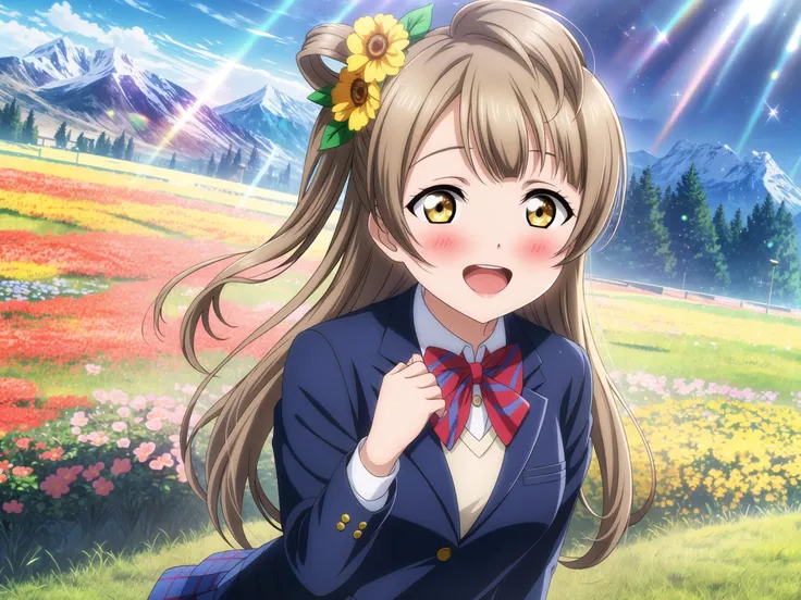 anime girl with long hair and bow tie in a field of flowers