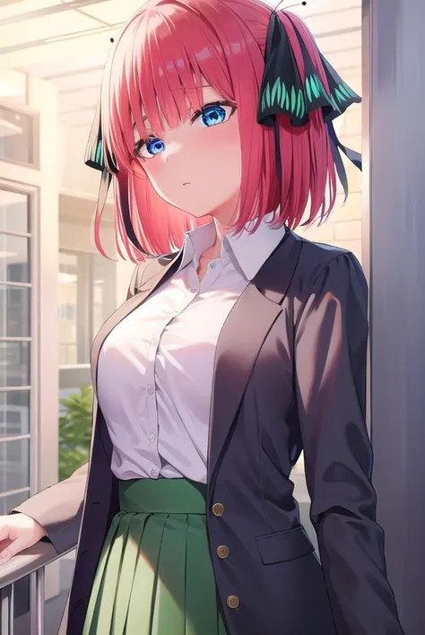 anime girl with pink hair and green skirt standing on balcony