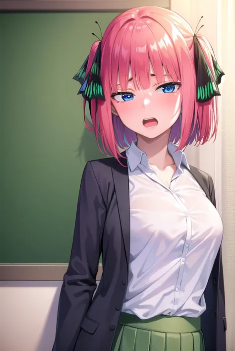 anime girl with pink hair and green skirt standing in front of a chalkboard