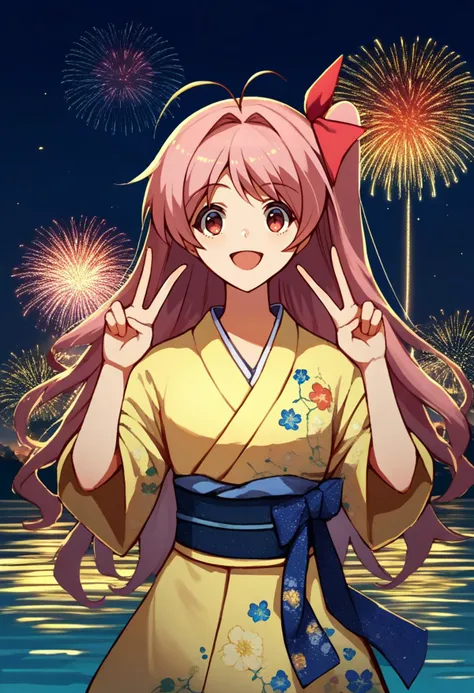 a woman in a kimono outfit is standing in front of fireworks