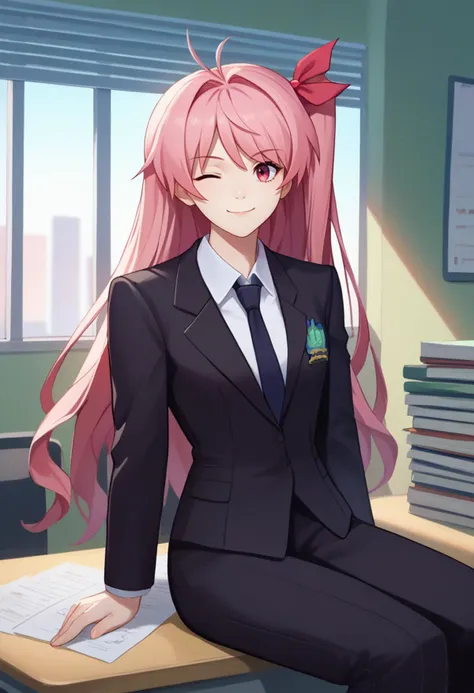 anime girl sitting on desk with pink hair and black suit