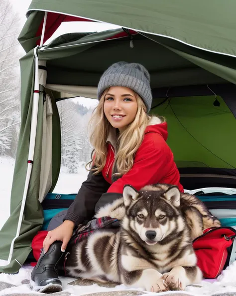 woman sitting in a tent with two dogs in the snow