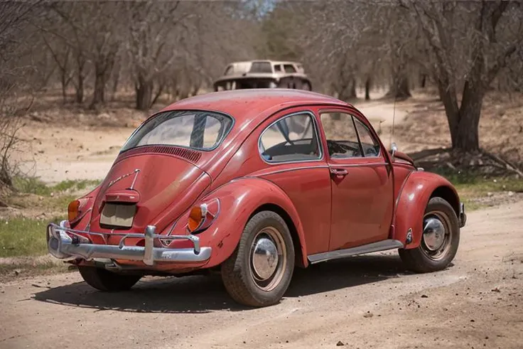 analog gloomy photo of a red Volkswagen Beetle car, <lora:vwb33tl3:1>, back view, (dark sunset), driving on a dirt road, (decayed and dilapidated town), 1969, ((horror movie)), slasher film, texas chainsaw massacre, film grain, retro,  High Detail, Sharp f...