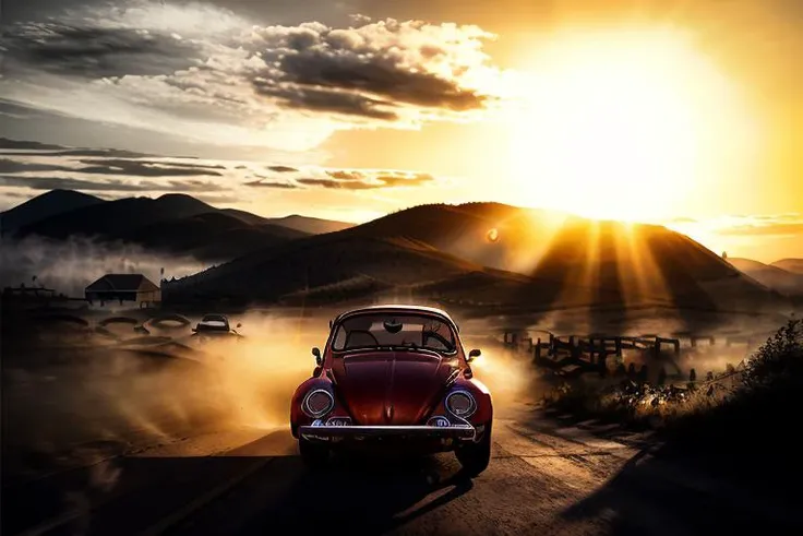 analog gloomy photo of a (dark red) volkswagen beetle car, <lora:vwb33tl3:1>, ((three quarter view)), (dark sunset), driving on ...