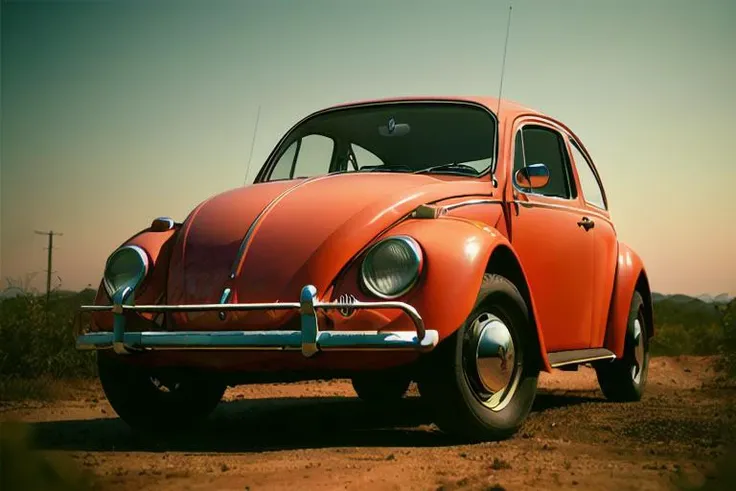 analog gloomy photo of a (dark red) volkswagen beetle car, <lora:vwb33tl3:1>, ((three quarter view)), (dark sunset), driving on ...