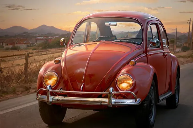 analog gloomy photo of a (dark red) Volkswagen Beetle car, <lora:vwb33tl3:1>, ((three quarter view)), (dark sunset), driving on a dirt road, (dilapidated town), 1969, ((horror movie)), slasher film, texas chainsaw massacre, amish cult, film grain, retro,  ...