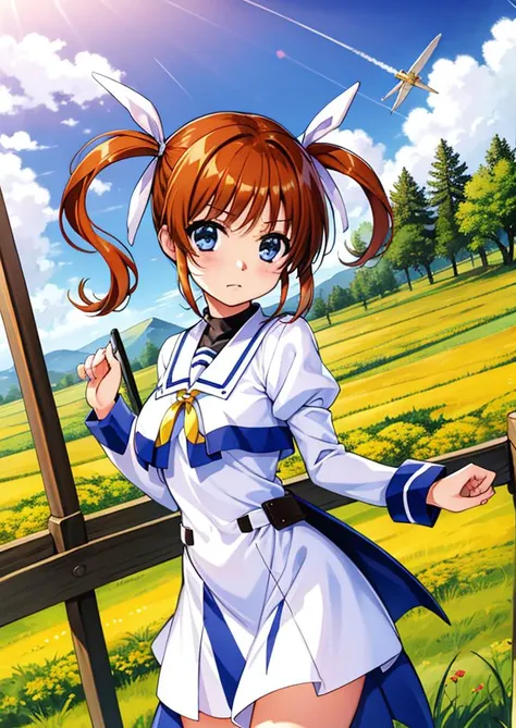 <lora:nanoha-official-art-ver:0.6>,realistic,masterpiece, best quality,8k,photography,good anatomy,1girl,solo,takamachi nanoha,brown hair,blue eyes,twintails,medium breasts,magical girl,closed mouth,serious face,cowboy shot,straight-on,facing viewer, look...