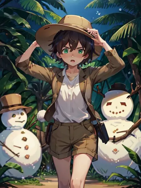 a woman in a hat and shorts standing next to snowmen