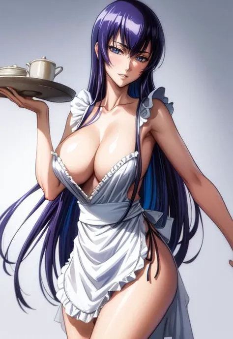 ((Best quality)),((highly detailed)),masterpiece,detailed face,beautiful face,(detailed eyes, deep eyes),amazing beautiful face,happy face,grin, blue eyes,collarbone,long legs, long hair, standing, <lora:HOTD_v0.4:0.7>,busujima saeko, thong, naked apron, f...