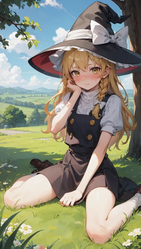 sle, best quality, masterpiece, kirisame marisa, single braid, (full-face blush:1.2), sitting, full body, witch hat, outdoors, tree, grass, hands on own cheeks, yellow eyes, scenery, embarrassed, looking at viewer, wariza, (from above:0.6), sunny, hills, c...