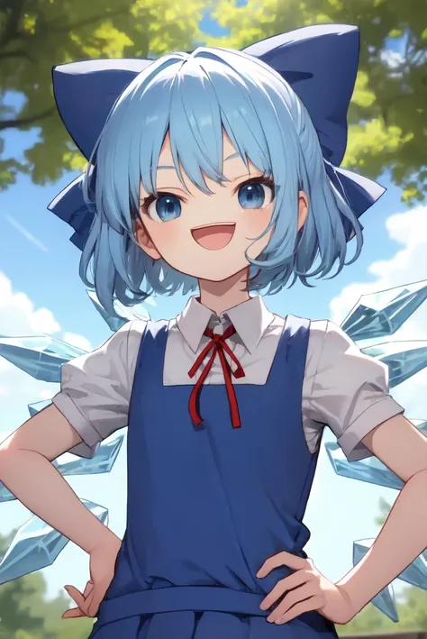 cirno, :D, blue eyes, outdoors, hands on hips, upper body