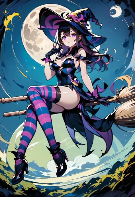 score_9, score_8_up, score_7_up,<lora:Broom_Riding_PONY_XL:1>, broom riding, broomriding, 1girl, solo, hat, witch hat, moon, thighhighs, breasts, purple eyes, striped thighhighs, striped, full moon, broom riding, gloves, broom, long hair, black gloves, nig...