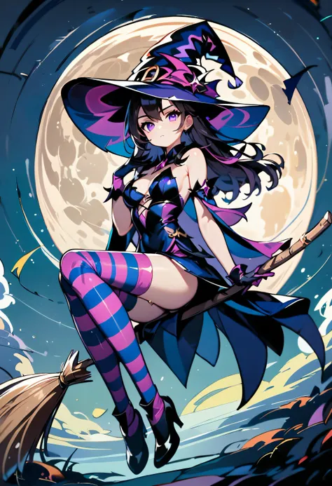 score_9, score_8_up, score_7_up,<lora:Broom_Riding_PONY_XL:1>, broom riding, broomriding, 1girl, solo, hat, witch hat, moon, thighhighs, breasts, purple eyes, striped thighhighs, striped, full moon, broom riding, gloves, broom, long hair, black gloves, nig...