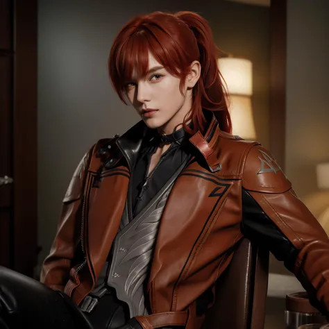 1boy, bangs, long hair, bright red hair, high ponytail, hair between eyes, soft smile, leather gloves, leather jacket, sidelocks, leather vest, leather shirt, leather collar, leather belt, leather pants, official alternate costume, <lora:OnlyCocks_v1.0:0.5...