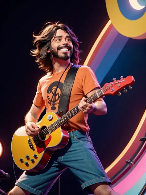 Disney, Pixar (Style: trending on artstation, Disney, Pixar ((high quality:1.2, masterpiece:1.2)), (8k resolution), high details, incredibly absurdres, color connection, colorized, colorful),
(Dave Grohl:1.2), on stage, (smile, happy:1.2)