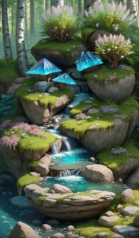 steep mountain front, rocks, vast nature, birch trees, water, cauldron,
sprintime, early morning, dappled sunlight, blue shade,
(no humans:1.2) , octane render, landscape of a ((close-up flower, pistils,:0.45) ,|rare crystal minerals}, (intricate detailed ...